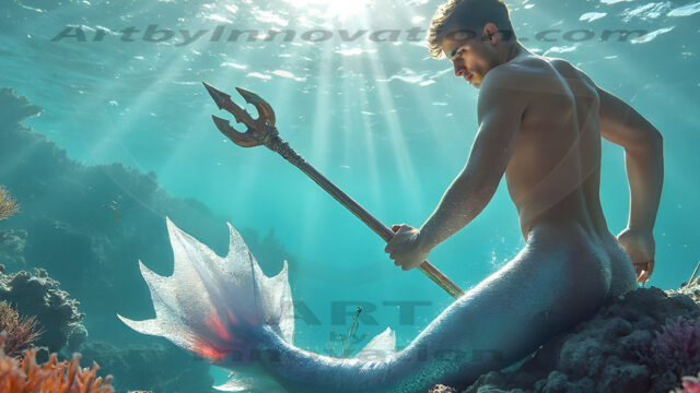 AI-generated HD photos featuring Mermen, The Warriors of the Sea. A collection of over 1,000 AI generated photo images of Mermen Warriors. Shirtless men from all age groups, with slim builds to hot and sexy, muscular body types, and from teenaged boys, to young men, to the handsome Elders. Merman warriors rising from a whirlpool, with a trident in hand, set against a stormy backdrop with dramatic lighting. Vibrant coral reefs, with detailed underwater scenes, highly realistic, with obsidian scales, that shimmer in the sunlight.
