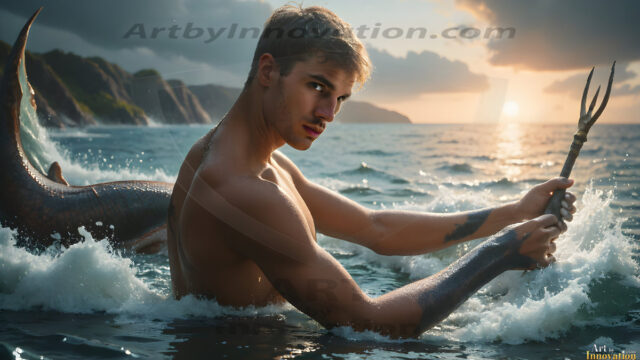 AI-generated HD photos featuring Mermen, The Warriors of the Sea. A collection of over 1,000 AI generated photo images of Mermen Warriors. Shirtless men from all age groups, with slim builds to hot and sexy, muscular body types, and from teenaged boys, to young men, to the handsome Elders. Merman warriors rising from a whirlpool, with a trident in hand, set against a stormy backdrop with dramatic lighting. Vibrant coral reefs, with detailed underwater scenes, highly realistic, with obsidian scales, that shimmer in the sunlight.