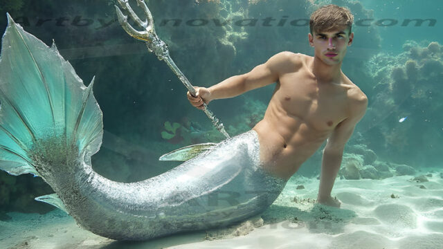 AI-generated HD photos featuring Mermen, The Warriors of the Sea. A collection of over 1,000 AI generated photo images of Mermen Warriors. Shirtless men from all age groups, with slim builds to hot and sexy, muscular body types, and from teenaged boys, to young men, to the handsome Elders. Merman warriors rising from a whirlpool, with a trident in hand, set against a stormy backdrop with dramatic lighting. Vibrant coral reefs, with detailed underwater scenes, highly realistic, with obsidian scales, that shimmer in the sunlight.