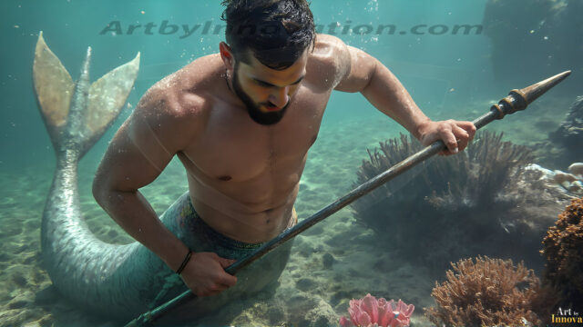 AI-generated HD photos featuring Mermen, The Warriors of the Sea. A collection of over 1,000 AI generated photo images of Mermen Warriors. Shirtless men from all age groups, with slim builds to hot and sexy, muscular body types, and from teenaged boys, to young men, to the handsome Elders. Merman warriors rising from a whirlpool, with a trident in hand, set against a stormy backdrop with dramatic lighting. Vibrant coral reefs, with detailed underwater scenes, highly realistic, with obsidian scales, that shimmer in the sunlight.