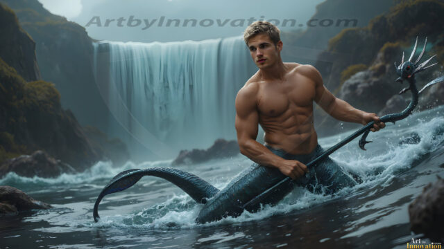 AI-generated HD photos featuring Mermen, The Warriors of the Sea. A collection of over 1,000 AI generated photo images of Mermen Warriors. Shirtless men from all age groups, with slim builds to hot and sexy, muscular body types, and from teenaged boys, to young men, to the handsome Elders. Merman warriors rising from a whirlpool, with a trident in hand, set against a stormy backdrop with dramatic lighting. Vibrant coral reefs, with detailed underwater scenes, highly realistic, with obsidian scales, that shimmer in the sunlight.