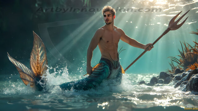 AI-generated HD photos featuring Mermen, The Warriors of the Sea. A collection of over 1,000 AI generated photo images of Mermen Warriors. Shirtless men from all age groups, with slim builds to hot and sexy, muscular body types, and from teenaged boys, to young men, to the handsome Elders. Merman warriors rising from a whirlpool, with a trident in hand, set against a stormy backdrop with dramatic lighting. Vibrant coral reefs, with detailed underwater scenes, highly realistic, with obsidian scales, that shimmer in the sunlight.
