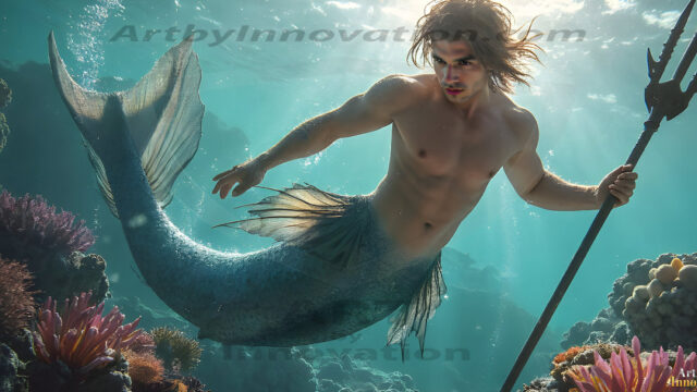 AI-generated HD photos featuring Mermen, The Warriors of the Sea. A collection of over 1,000 AI generated photo images of Mermen Warriors. Shirtless men from all age groups, with slim builds to hot and sexy, muscular body types, and from teenaged boys, to young men, to the handsome Elders. Merman warriors rising from a whirlpool, with a trident in hand, set against a stormy backdrop with dramatic lighting. Vibrant coral reefs, with detailed underwater scenes, highly realistic, with obsidian scales, that shimmer in the sunlight.