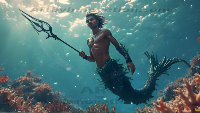 AI-generated HD photos featuring Mermen, The Warriors of the Sea. A collection of over 1,000 AI generated photo images of Mermen Warriors. Shirtless men from all age groups, with slim builds to hot and sexy, muscular body types, and from teenaged boys, to young men, to the handsome Elders. Merman warriors rising from a whirlpool, with a trident in hand, set against a stormy backdrop with dramatic lighting. Vibrant coral reefs, with detailed underwater scenes, highly realistic, with obsidian scales, that shimmer in the sunlight.