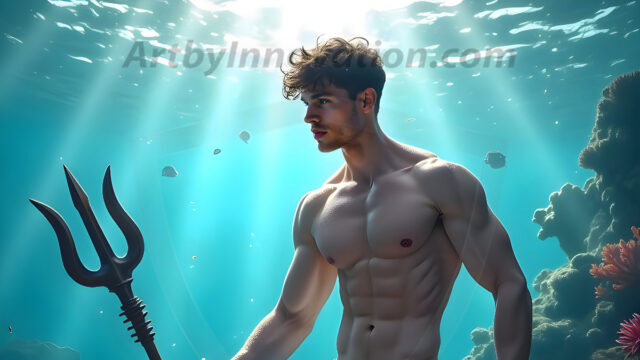 AI-generated HD photos featuring Mermen, The Warriors of the Sea. A collection of over 1,000 AI generated photo images of Mermen Warriors. Shirtless men from all age groups, with slim builds to hot and sexy, muscular body types, and from teenaged boys, to young men, to the handsome Elders. Merman warriors rising from a whirlpool, with a trident in hand, set against a stormy backdrop with dramatic lighting. Vibrant coral reefs, with detailed underwater scenes, highly realistic, with obsidian scales, that shimmer in the sunlight.