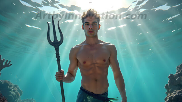 AI-generated HD photos featuring Mermen, The Warriors of the Sea. A collection of over 1,000 AI generated photo images of Mermen Warriors. Shirtless men from all age groups, with slim builds to hot and sexy, muscular body types, and from teenaged boys, to young men, to the handsome Elders. Merman warriors rising from a whirlpool, with a trident in hand, set against a stormy backdrop with dramatic lighting. Vibrant coral reefs, with detailed underwater scenes, highly realistic, with obsidian scales, that shimmer in the sunlight.