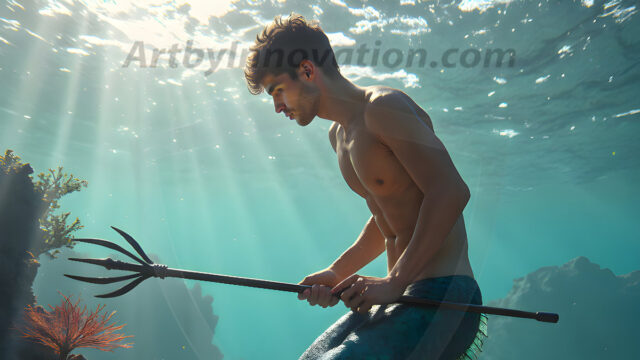 AI-generated HD photos featuring Mermen, The Warriors of the Sea. A collection of over 1,000 AI generated photo images of Mermen Warriors. Shirtless men from all age groups, with slim builds to hot and sexy, muscular body types, and from teenaged boys, to young men, to the handsome Elders. Merman warriors rising from a whirlpool, with a trident in hand, set against a stormy backdrop with dramatic lighting. Vibrant coral reefs, with detailed underwater scenes, highly realistic, with obsidian scales, that shimmer in the sunlight.