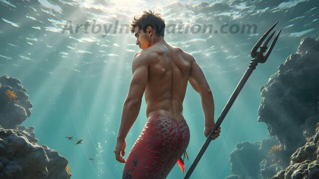 AI-generated HD photos featuring Mermen, The Warriors of the Sea. A collection of over 1,000 AI generated photo images of Mermen Warriors. Shirtless men from all age groups, with slim builds to hot and sexy, muscular body types, and from teenaged boys, to young men, to the handsome Elders. Merman warriors rising from a whirlpool, with a trident in hand, set against a stormy backdrop with dramatic lighting. Vibrant coral reefs, with detailed underwater scenes, highly realistic, with obsidian scales, that shimmer in the sunlight.