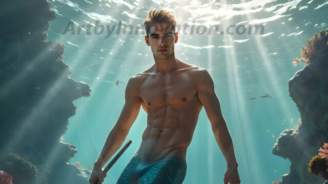 AI-generated HD photos featuring Mermen, The Warriors of the Sea. A collection of over 1,000 AI generated photo images of Mermen Warriors. Shirtless men from all age groups, with slim builds to hot and sexy, muscular body types, and from teenaged boys, to young men, to the handsome Elders. Merman warriors rising from a whirlpool, with a trident in hand, set against a stormy backdrop with dramatic lighting. Vibrant coral reefs, with detailed underwater scenes, highly realistic, with obsidian scales, that shimmer in the sunlight.