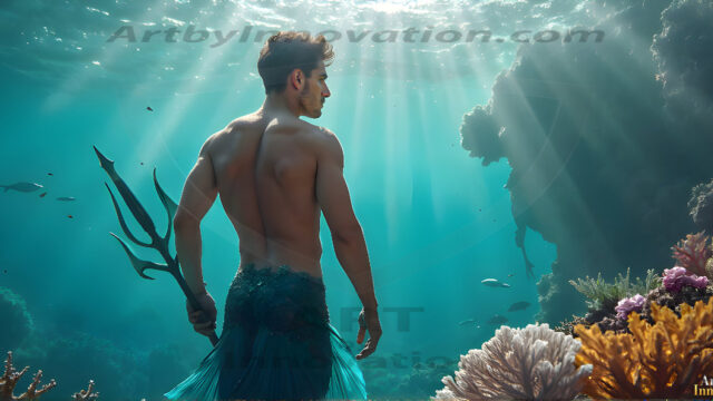 AI-generated HD photos featuring Mermen, The Warriors of the Sea. A collection of over 1,000 AI generated photo images of Mermen Warriors. Shirtless men from all age groups, with slim builds to hot and sexy, muscular body types, and from teenaged boys, to young men, to the handsome Elders. Merman warriors rising from a whirlpool, with a trident in hand, set against a stormy backdrop with dramatic lighting. Vibrant coral reefs, with detailed underwater scenes, highly realistic, with obsidian scales, that shimmer in the sunlight.