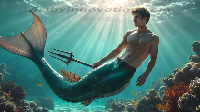 AI-generated HD photos featuring Mermen, The Warriors of the Sea. A collection of over 1,000 AI generated photo images of Mermen Warriors. Shirtless men from all age groups, with slim builds to hot and sexy, muscular body types, and from teenaged boys, to young men, to the handsome Elders. Merman warriors rising from a whirlpool, with a trident in hand, set against a stormy backdrop with dramatic lighting. Vibrant coral reefs, with detailed underwater scenes, highly realistic, with obsidian scales, that shimmer in the sunlight.