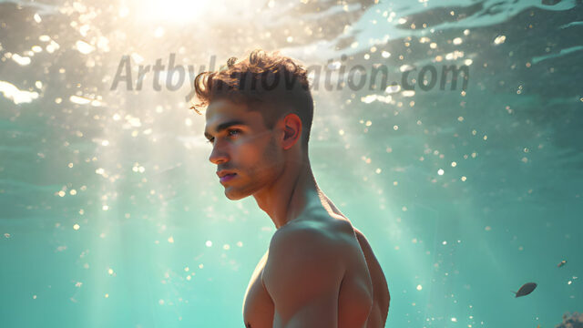 AI-generated HD photos featuring Mermen, The Warriors of the Sea. A collection of over 1,000 AI generated photo images of Mermen Warriors. Shirtless men from all age groups, with slim builds to hot and sexy, muscular body types, and from teenaged boys, to young men, to the handsome Elders. Merman warriors rising from a whirlpool, with a trident in hand, set against a stormy backdrop with dramatic lighting. Vibrant coral reefs, with detailed underwater scenes, highly realistic, with obsidian scales, that shimmer in the sunlight.