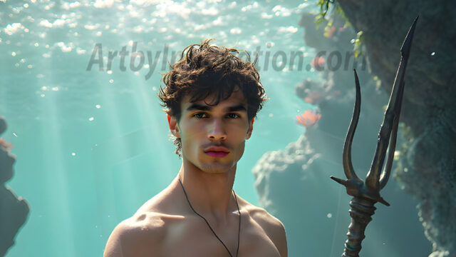 AI-generated HD photos featuring Mermen, The Warriors of the Sea. A collection of over 1,000 AI generated photo images of Mermen Warriors. Shirtless men from all age groups, with slim builds to hot and sexy, muscular body types, and from teenaged boys, to young men, to the handsome Elders. Merman warriors rising from a whirlpool, with a trident in hand, set against a stormy backdrop with dramatic lighting. Vibrant coral reefs, with detailed underwater scenes, highly realistic, with obsidian scales, that shimmer in the sunlight.