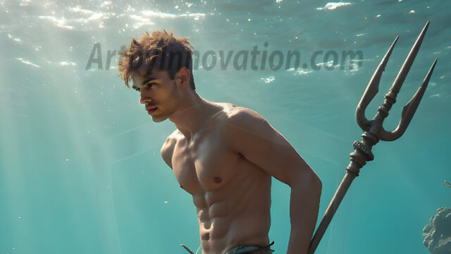 AI-generated HD photos featuring Mermen, The Warriors of the Sea. A collection of over 1,000 AI generated photo images of Mermen Warriors. Shirtless men from all age groups, with slim builds to hot and sexy, muscular body types, and from teenaged boys, to young men, to the handsome Elders. Merman warriors rising from a whirlpool, with a trident in hand, set against a stormy backdrop with dramatic lighting. Vibrant coral reefs, with detailed underwater scenes, highly realistic, with obsidian scales, that shimmer in the sunlight.