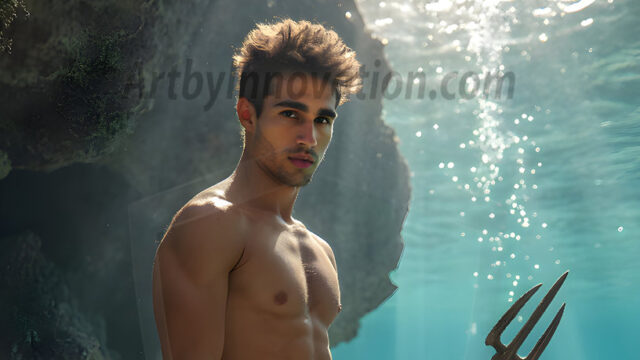 AI-generated HD photos featuring Mermen, The Warriors of the Sea. A collection of over 1,000 AI generated photo images of Mermen Warriors. Shirtless men from all age groups, with slim builds to hot and sexy, muscular body types, and from teenaged boys, to young men, to the handsome Elders. Merman warriors rising from a whirlpool, with a trident in hand, set against a stormy backdrop with dramatic lighting. Vibrant coral reefs, with detailed underwater scenes, highly realistic, with obsidian scales, that shimmer in the sunlight.