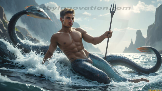 AI-generated HD photos featuring Mermen, The Warriors of the Sea. A collection of over 1,000 AI generated photo images of Mermen Warriors. Shirtless men from all age groups, with slim builds to hot and sexy, muscular body types, and from teenaged boys, to young men, to the handsome Elders. Merman warriors rising from a whirlpool, with a trident in hand, set against a stormy backdrop with dramatic lighting. Vibrant coral reefs, with detailed underwater scenes, highly realistic, with obsidian scales, that shimmer in the sunlight.