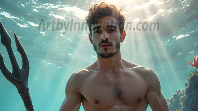 AI-generated HD photos featuring Mermen, The Warriors of the Sea. A collection of over 1,000 AI generated photo images of Mermen Warriors. Shirtless men from all age groups, with slim builds to hot and sexy, muscular body types, and from teenaged boys, to young men, to the handsome Elders. Merman warriors rising from a whirlpool, with a trident in hand, set against a stormy backdrop with dramatic lighting. Vibrant coral reefs, with detailed underwater scenes, highly realistic, with obsidian scales, that shimmer in the sunlight.