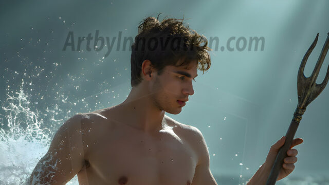 AI-generated HD photos featuring Mermen, The Warriors of the Sea. A collection of over 1,000 AI generated photo images of Mermen Warriors. Shirtless men from all age groups, with slim builds to hot and sexy, muscular body types, and from teenaged boys, to young men, to the handsome Elders. Merman warriors rising from a whirlpool, with a trident in hand, set against a stormy backdrop with dramatic lighting. Vibrant coral reefs, with detailed underwater scenes, highly realistic, with obsidian scales, that shimmer in the sunlight.