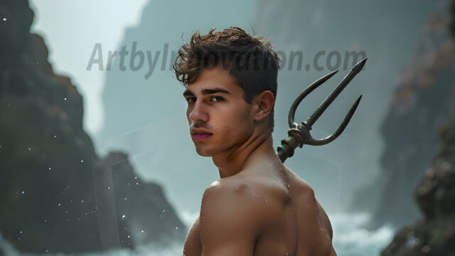 AI-generated HD photos featuring Mermen, The Warriors of the Sea. A collection of over 1,000 AI generated photo images of Mermen Warriors. Shirtless men from all age groups, with slim builds to hot and sexy, muscular body types, and from teenaged boys, to young men, to the handsome Elders. Merman warriors rising from a whirlpool, with a trident in hand, set against a stormy backdrop with dramatic lighting. Vibrant coral reefs, with detailed underwater scenes, highly realistic, with obsidian scales, that shimmer in the sunlight.