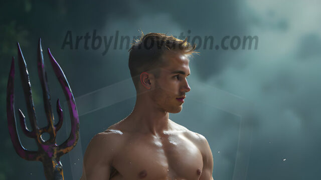 AI-generated HD photos featuring Mermen, The Warriors of the Sea. A collection of over 1,000 AI generated photo images of Mermen Warriors. Shirtless men from all age groups, with slim builds to hot and sexy, muscular body types, and from teenaged boys, to young men, to the handsome Elders. Merman warriors rising from a whirlpool, with a trident in hand, set against a stormy backdrop with dramatic lighting. Vibrant coral reefs, with detailed underwater scenes, highly realistic, with obsidian scales, that shimmer in the sunlight.