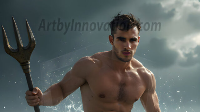 AI-generated HD photos featuring Mermen, The Warriors of the Sea. A collection of over 1,000 AI generated photo images of Mermen Warriors. Shirtless men from all age groups, with slim builds to hot and sexy, muscular body types, and from teenaged boys, to young men, to the handsome Elders. Merman warriors rising from a whirlpool, with a trident in hand, set against a stormy backdrop with dramatic lighting. Vibrant coral reefs, with detailed underwater scenes, highly realistic, with obsidian scales, that shimmer in the sunlight.