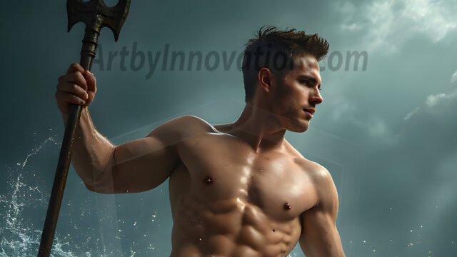 AI-generated HD photos featuring Mermen, The Warriors of the Sea. A collection of over 1,000 AI generated photo images of Mermen Warriors. Shirtless men from all age groups, with slim builds to hot and sexy, muscular body types, and from teenaged boys, to young men, to the handsome Elders. Merman warriors rising from a whirlpool, with a trident in hand, set against a stormy backdrop with dramatic lighting. Vibrant coral reefs, with detailed underwater scenes, highly realistic, with obsidian scales, that shimmer in the sunlight.