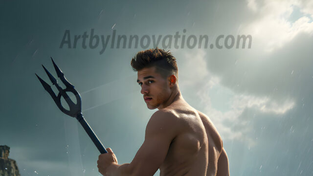 AI-generated HD photos featuring Mermen, The Warriors of the Sea. A collection of over 1,000 AI generated photo images of Mermen Warriors. Shirtless men from all age groups, with slim builds to hot and sexy, muscular body types, and from teenaged boys, to young men, to the handsome Elders. Merman warriors rising from a whirlpool, with a trident in hand, set against a stormy backdrop with dramatic lighting. Vibrant coral reefs, with detailed underwater scenes, highly realistic, with obsidian scales, that shimmer in the sunlight.