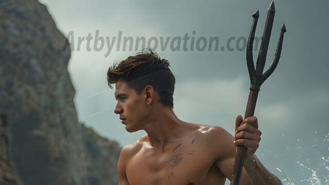 AI-generated HD photos featuring Mermen, The Warriors of the Sea. A collection of over 1,000 AI generated photo images of Mermen Warriors. Shirtless men from all age groups, with slim builds to hot and sexy, muscular body types, and from teenaged boys, to young men, to the handsome Elders. Merman warriors rising from a whirlpool, with a trident in hand, set against a stormy backdrop with dramatic lighting. Vibrant coral reefs, with detailed underwater scenes, highly realistic, with obsidian scales, that shimmer in the sunlight.