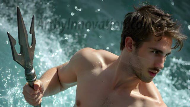 AI-generated HD photos featuring Mermen, The Warriors of the Sea. A collection of over 1,000 AI generated photo images of Mermen Warriors. Shirtless men from all age groups, with slim builds to hot and sexy, muscular body types, and from teenaged boys, to young men, to the handsome Elders. Merman warriors rising from a whirlpool, with a trident in hand, set against a stormy backdrop with dramatic lighting. Vibrant coral reefs, with detailed underwater scenes, highly realistic, with obsidian scales, that shimmer in the sunlight.