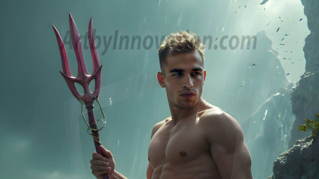 AI-generated HD photos featuring Mermen, The Warriors of the Sea. A collection of over 1,000 AI generated photo images of Mermen Warriors. Shirtless men from all age groups, with slim builds to hot and sexy, muscular body types, and from teenaged boys, to young men, to the handsome Elders. Merman warriors rising from a whirlpool, with a trident in hand, set against a stormy backdrop with dramatic lighting. Vibrant coral reefs, with detailed underwater scenes, highly realistic, with obsidian scales, that shimmer in the sunlight.