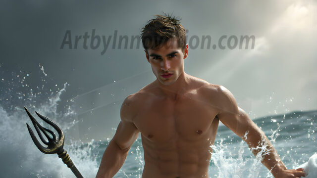 AI-generated HD photos featuring Mermen, The Warriors of the Sea. A collection of over 1,000 AI generated photo images of Mermen Warriors. Shirtless men from all age groups, with slim builds to hot and sexy, muscular body types, and from teenaged boys, to young men, to the handsome Elders. Merman warriors rising from a whirlpool, with a trident in hand, set against a stormy backdrop with dramatic lighting. Vibrant coral reefs, with detailed underwater scenes, highly realistic, with obsidian scales, that shimmer in the sunlight.