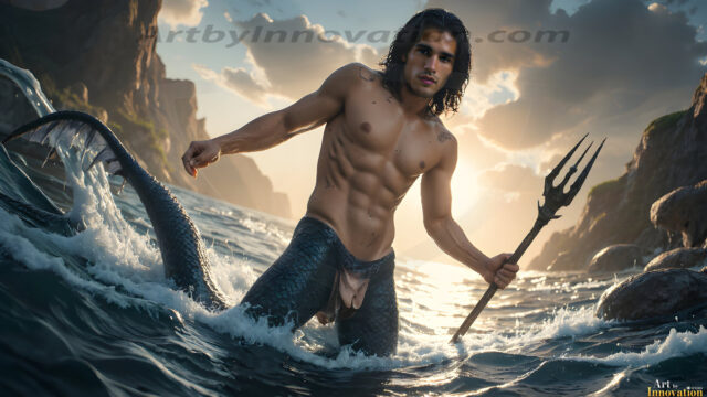 AI-generated HD photos featuring Mermen, The Warriors of the Sea. A collection of over 1,000 AI generated photo images of Mermen Warriors. Shirtless men from all age groups, with slim builds to hot and sexy, muscular body types, and from teenaged boys, to young men, to the handsome Elders. Merman warriors rising from a whirlpool, with a trident in hand, set against a stormy backdrop with dramatic lighting. Vibrant coral reefs, with detailed underwater scenes, highly realistic, with obsidian scales, that shimmer in the sunlight.