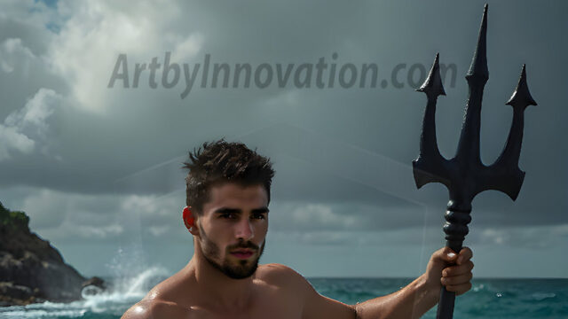 AI-generated HD photos featuring Mermen, The Warriors of the Sea. A collection of over 1,000 AI generated photo images of Mermen Warriors. Shirtless men from all age groups, with slim builds to hot and sexy, muscular body types, and from teenaged boys, to young men, to the handsome Elders. Merman warriors rising from a whirlpool, with a trident in hand, set against a stormy backdrop with dramatic lighting. Vibrant coral reefs, with detailed underwater scenes, highly realistic, with obsidian scales, that shimmer in the sunlight.