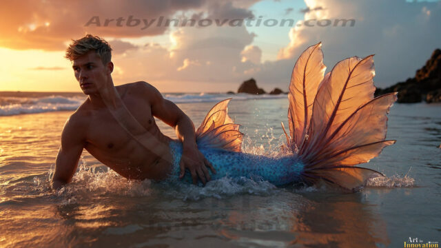 AI-generated HD photos featuring Mermen, The Warriors of the Sea. A collection of over 1,000 AI generated photo images of Mermen Warriors. Shirtless men from all age groups, with slim builds to hot and sexy, muscular body types, and from teenaged boys, to young men, to the handsome Elders. Merman warriors rising from a whirlpool, with a trident in hand, set against a stormy backdrop with dramatic lighting. Vibrant coral reefs, with detailed underwater scenes, highly realistic, with obsidian scales, that shimmer in the sunlight.