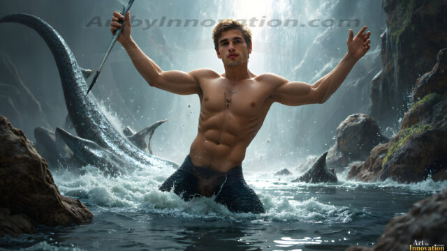 AI-generated HD photos featuring Mermen, The Warriors of the Sea. A collection of over 1,000 AI generated photo images of Mermen Warriors. Shirtless men from all age groups, with slim builds to hot and sexy, muscular body types, and from teenaged boys, to young men, to the handsome Elders. Merman warriors rising from a whirlpool, with a trident in hand, set against a stormy backdrop with dramatic lighting. Vibrant coral reefs, with detailed underwater scenes, highly realistic, with obsidian scales, that shimmer in the sunlight.