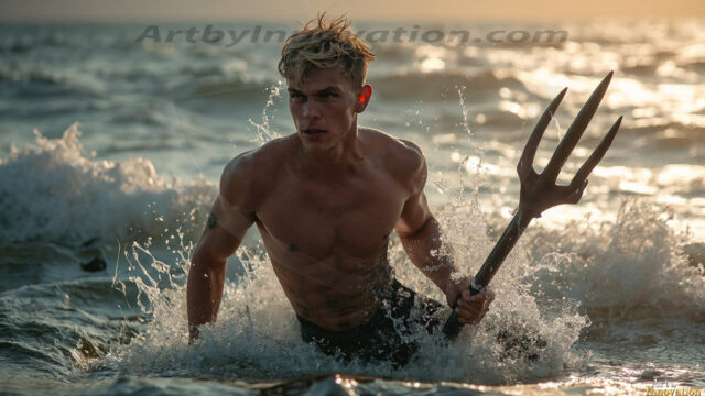AI-generated HD photos featuring Mermen, The Warriors of the Sea. A collection of over 1,000 AI generated photo images of Mermen Warriors. Shirtless men from all age groups, with slim builds to hot and sexy, muscular body types, and from teenaged boys, to young men, to the handsome Elders. Merman warriors rising from a whirlpool, with a trident in hand, set against a stormy backdrop with dramatic lighting. Vibrant coral reefs, with detailed underwater scenes, highly realistic, with obsidian scales, that shimmer in the sunlight.