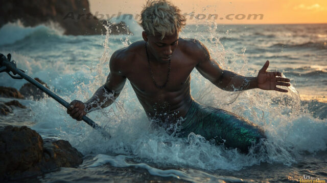 AI-generated HD photos featuring Mermen, The Warriors of the Sea. A collection of over 1,000 AI generated photo images of Mermen Warriors. Shirtless men from all age groups, with slim builds to hot and sexy, muscular body types, and from teenaged boys, to young men, to the handsome Elders. Merman warriors rising from a whirlpool, with a trident in hand, set against a stormy backdrop with dramatic lighting. Vibrant coral reefs, with detailed underwater scenes, highly realistic, with obsidian scales, that shimmer in the sunlight.