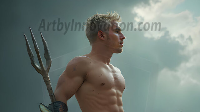 AI-generated HD photos featuring Mermen, The Warriors of the Sea. A collection of over 1,000 AI generated photo images of Mermen Warriors. Shirtless men from all age groups, with slim builds to hot and sexy, muscular body types, and from teenaged boys, to young men, to the handsome Elders. Merman warriors rising from a whirlpool, with a trident in hand, set against a stormy backdrop with dramatic lighting. Vibrant coral reefs, with detailed underwater scenes, highly realistic, with obsidian scales, that shimmer in the sunlight.