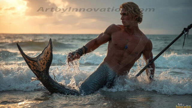 AI-generated HD photos featuring Mermen, The Warriors of the Sea. A collection of over 1,000 AI generated photo images of Mermen Warriors. Shirtless men from all age groups, with slim builds to hot and sexy, muscular body types, and from teenaged boys, to young men, to the handsome Elders. Merman warriors rising from a whirlpool, with a trident in hand, set against a stormy backdrop with dramatic lighting. Vibrant coral reefs, with detailed underwater scenes, highly realistic, with obsidian scales, that shimmer in the sunlight.