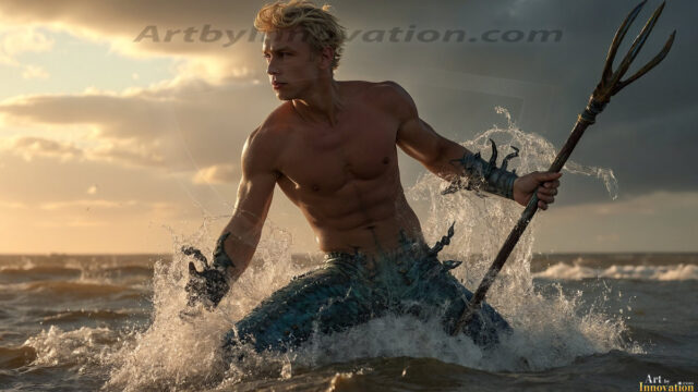 AI-generated HD photos featuring Mermen, The Warriors of the Sea. A collection of over 1,000 AI generated photo images of Mermen Warriors. Shirtless men from all age groups, with slim builds to hot and sexy, muscular body types, and from teenaged boys, to young men, to the handsome Elders. Merman warriors rising from a whirlpool, with a trident in hand, set against a stormy backdrop with dramatic lighting. Vibrant coral reefs, with detailed underwater scenes, highly realistic, with obsidian scales, that shimmer in the sunlight.