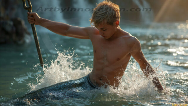 AI-generated HD photos featuring Mermen, The Warriors of the Sea. A collection of over 1,000 AI generated photo images of Mermen Warriors. Shirtless men from all age groups, with slim builds to hot and sexy, muscular body types, and from teenaged boys, to young men, to the handsome Elders. Merman warriors rising from a whirlpool, with a trident in hand, set against a stormy backdrop with dramatic lighting. Vibrant coral reefs, with detailed underwater scenes, highly realistic, with obsidian scales, that shimmer in the sunlight.