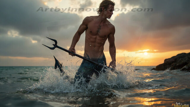 AI-generated HD photos featuring Mermen, The Warriors of the Sea. A collection of over 1,000 AI generated photo images of Mermen Warriors. Shirtless men from all age groups, with slim builds to hot and sexy, muscular body types, and from teenaged boys, to young men, to the handsome Elders. Merman warriors rising from a whirlpool, with a trident in hand, set against a stormy backdrop with dramatic lighting. Vibrant coral reefs, with detailed underwater scenes, highly realistic, with obsidian scales, that shimmer in the sunlight.