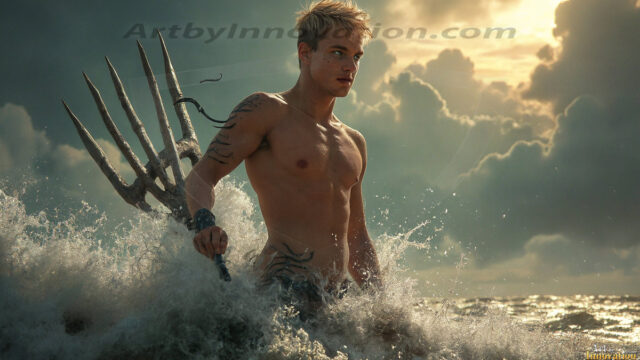 AI-generated HD photos featuring Mermen, The Warriors of the Sea. A collection of over 1,000 AI generated photo images of Mermen Warriors. Shirtless men from all age groups, with slim builds to hot and sexy, muscular body types, and from teenaged boys, to young men, to the handsome Elders. Merman warriors rising from a whirlpool, with a trident in hand, set against a stormy backdrop with dramatic lighting. Vibrant coral reefs, with detailed underwater scenes, highly realistic, with obsidian scales, that shimmer in the sunlight.