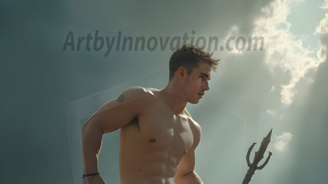 AI-generated HD photos featuring Mermen, The Warriors of the Sea. A collection of over 1,000 AI generated photo images of Mermen Warriors. Shirtless men from all age groups, with slim builds to hot and sexy, muscular body types, and from teenaged boys, to young men, to the handsome Elders. Merman warriors rising from a whirlpool, with a trident in hand, set against a stormy backdrop with dramatic lighting. Vibrant coral reefs, with detailed underwater scenes, highly realistic, with obsidian scales, that shimmer in the sunlight.