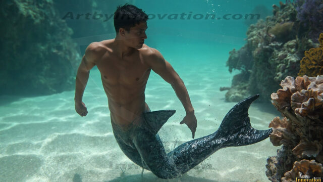 AI-generated HD photos featuring Mermen, The Warriors of the Sea. A collection of over 1,000 AI generated photo images of Mermen Warriors. Shirtless men from all age groups, with slim builds to hot and sexy, muscular body types, and from teenaged boys, to young men, to the handsome Elders. Merman warriors rising from a whirlpool, with a trident in hand, set against a stormy backdrop with dramatic lighting. Vibrant coral reefs, with detailed underwater scenes, highly realistic, with obsidian scales, that shimmer in the sunlight.
