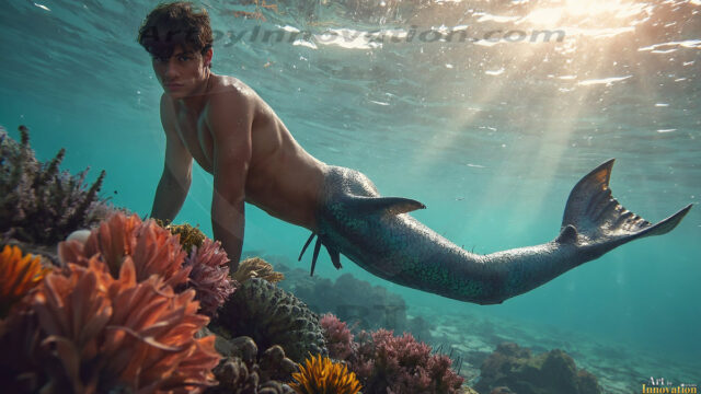 AI-generated HD photos featuring Mermen, The Warriors of the Sea. A collection of over 1,000 AI generated photo images of Mermen Warriors. Shirtless men from all age groups, with slim builds to hot and sexy, muscular body types, and from teenaged boys, to young men, to the handsome Elders. Merman warriors rising from a whirlpool, with a trident in hand, set against a stormy backdrop with dramatic lighting. Vibrant coral reefs, with detailed underwater scenes, highly realistic, with obsidian scales, that shimmer in the sunlight.