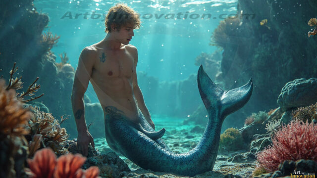 AI-generated HD photos featuring Mermen, The Warriors of the Sea. A collection of over 1,000 AI generated photo images of Mermen Warriors. Shirtless men from all age groups, with slim builds to hot and sexy, muscular body types, and from teenaged boys, to young men, to the handsome Elders. Merman warriors rising from a whirlpool, with a trident in hand, set against a stormy backdrop with dramatic lighting. Vibrant coral reefs, with detailed underwater scenes, highly realistic, with obsidian scales, that shimmer in the sunlight.