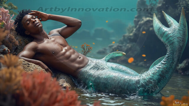 AI-generated HD photos featuring Mermen, The Warriors of the Sea. A collection of over 1,000 AI generated photo images of Mermen Warriors. Shirtless men from all age groups, with slim builds to hot and sexy, muscular body types, and from teenaged boys, to young men, to the handsome Elders. Merman warriors rising from a whirlpool, with a trident in hand, set against a stormy backdrop with dramatic lighting. Vibrant coral reefs, with detailed underwater scenes, highly realistic, with obsidian scales, that shimmer in the sunlight.