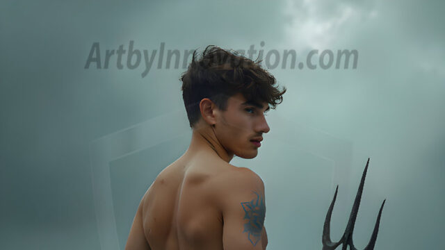 AI-generated HD photos featuring Mermen, The Warriors of the Sea. A collection of over 1,000 AI generated photo images of Mermen Warriors. Shirtless men from all age groups, with slim builds to hot and sexy, muscular body types, and from teenaged boys, to young men, to the handsome Elders. Merman warriors rising from a whirlpool, with a trident in hand, set against a stormy backdrop with dramatic lighting. Vibrant coral reefs, with detailed underwater scenes, highly realistic, with obsidian scales, that shimmer in the sunlight.