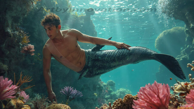 AI-generated HD photos featuring Mermen, The Warriors of the Sea. A collection of over 1,000 AI generated photo images of Mermen Warriors. Shirtless men from all age groups, with slim builds to hot and sexy, muscular body types, and from teenaged boys, to young men, to the handsome Elders. Merman warriors rising from a whirlpool, with a trident in hand, set against a stormy backdrop with dramatic lighting. Vibrant coral reefs, with detailed underwater scenes, highly realistic, with obsidian scales, that shimmer in the sunlight.